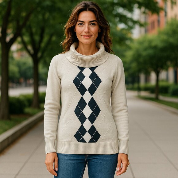 MEXX Gray Argyle Cowl Neck Pullover cotton  Sweater beige Women size large - Picture 1 of 13